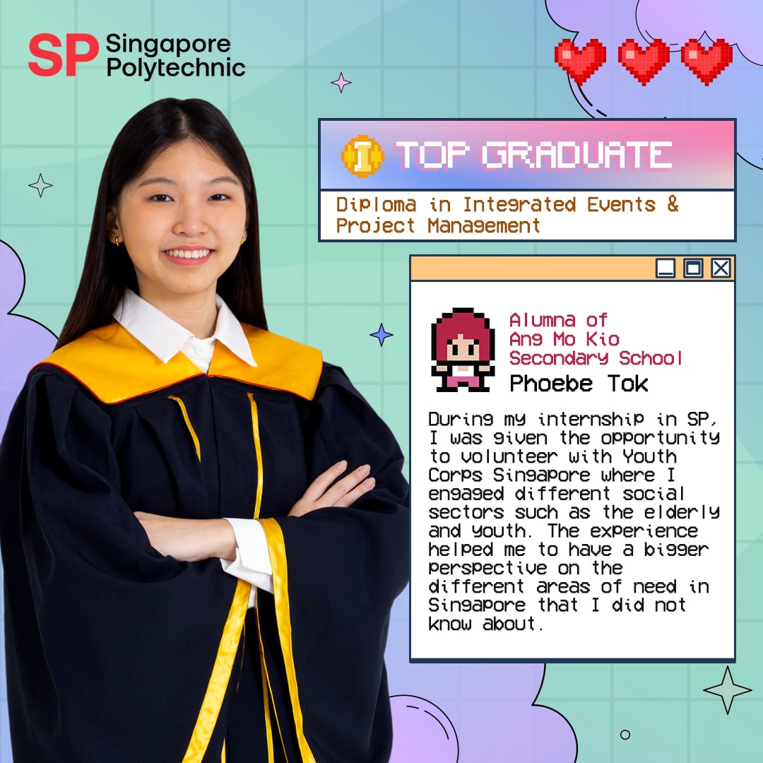 Young woman in black and gold graduation gown smiling, beside a retro-style card naming her SP Top Graduate Phoebe Tok.